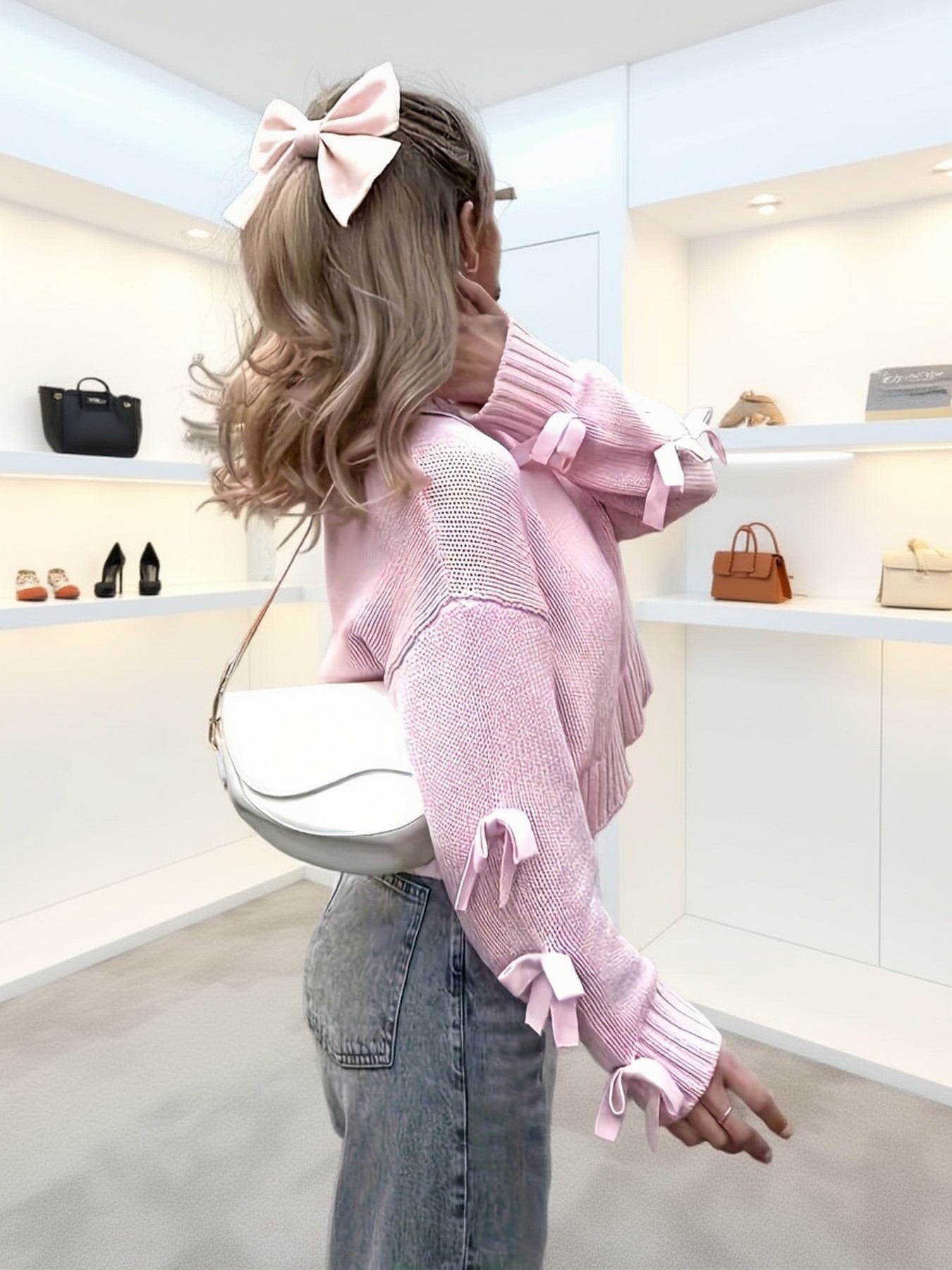 Bow Decor Long Sleeve Top - Crew Neck