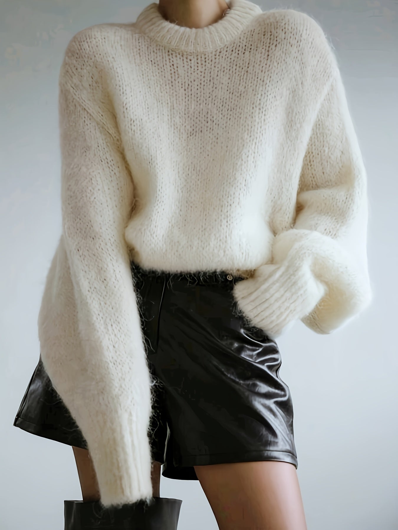 Cotton Lantern Sleeve Sweater - Round Neck