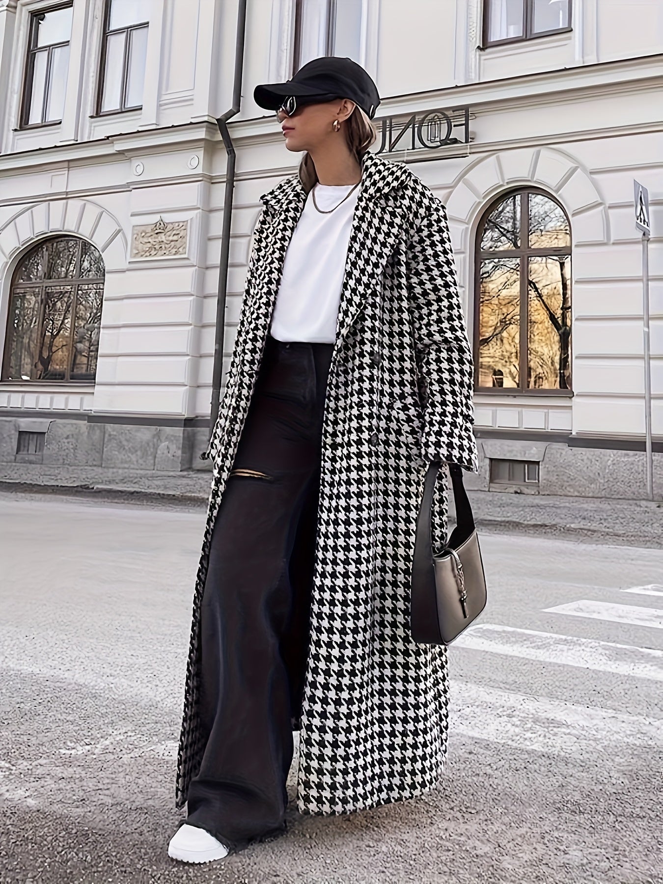 Women’s Houndstooth Trench Coat - Long Belted Classic Outerwear