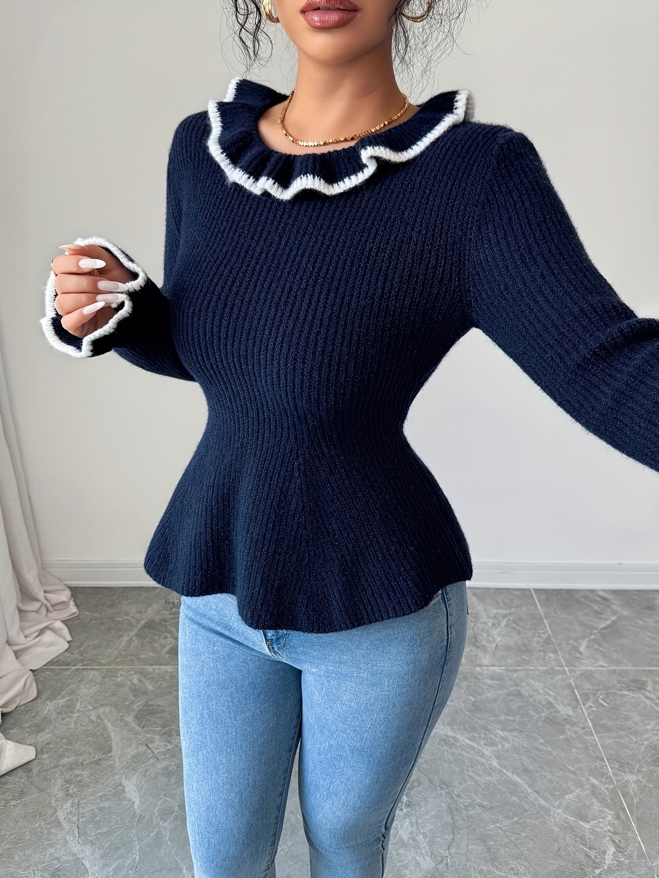 Blue Ruffle Sweater - Crew Neck