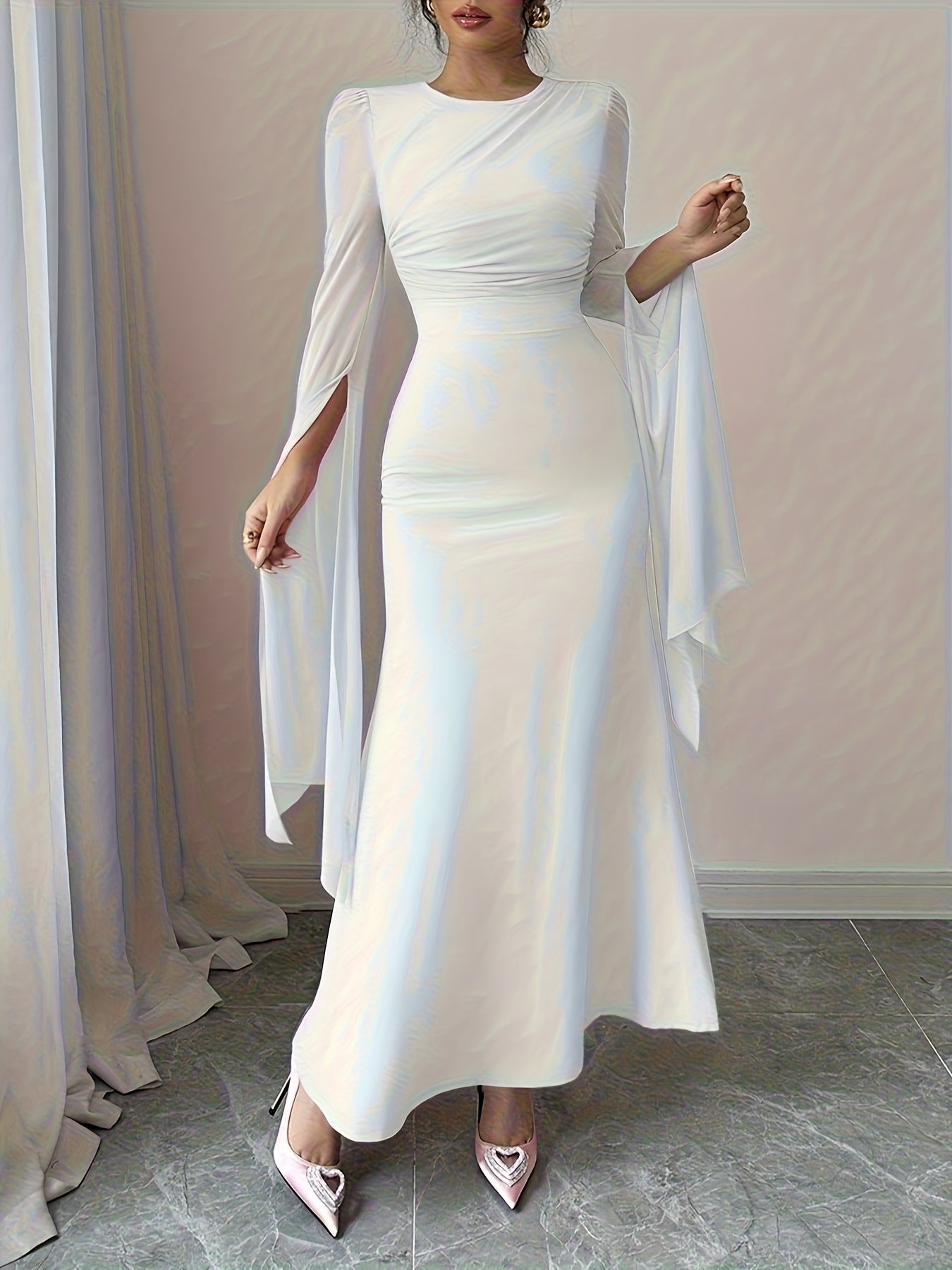 Pleated Long Sleeve Dress - Crew Neck