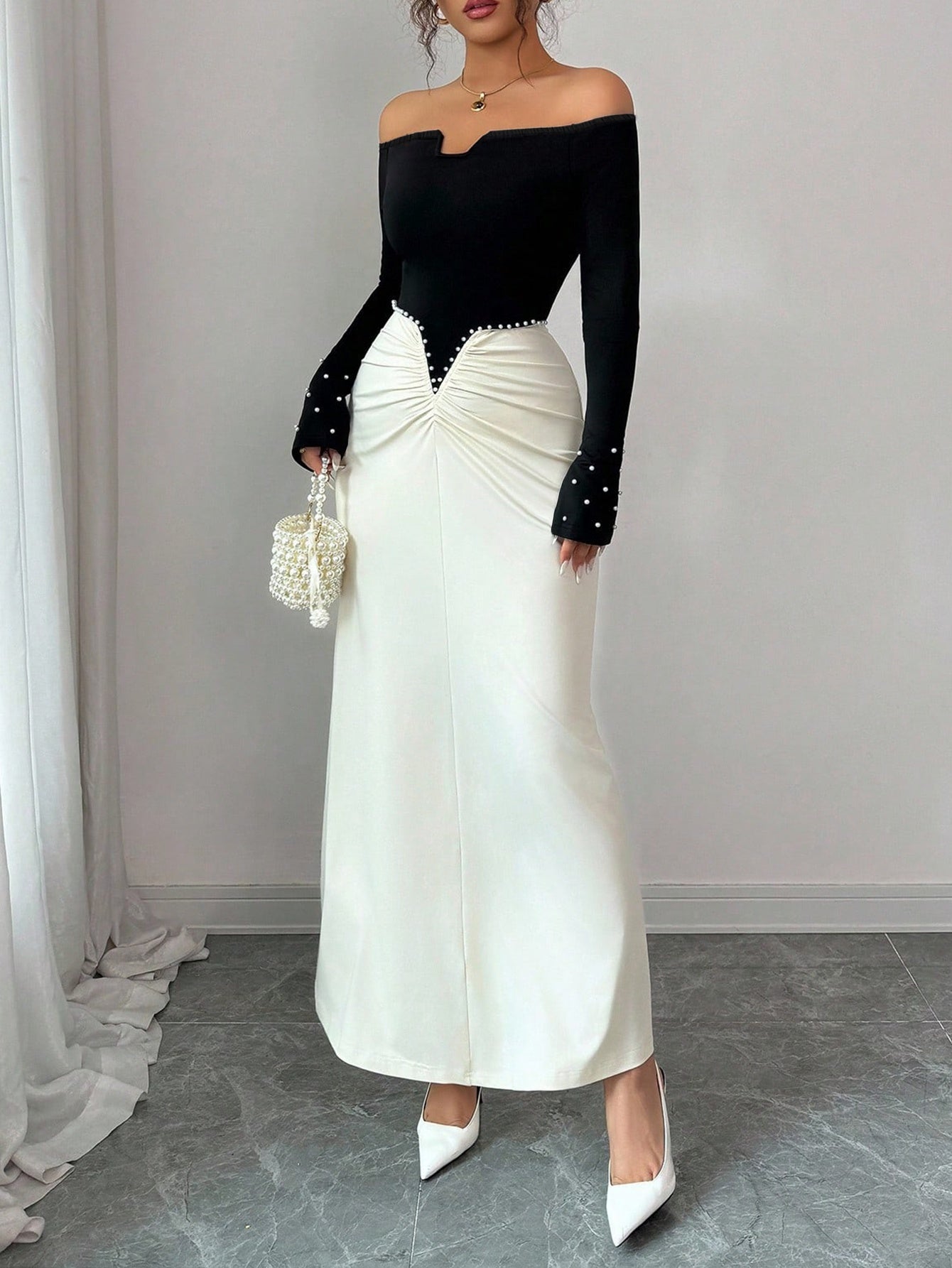 Pearl Adorned Off the Shoulder Dress - Elegant