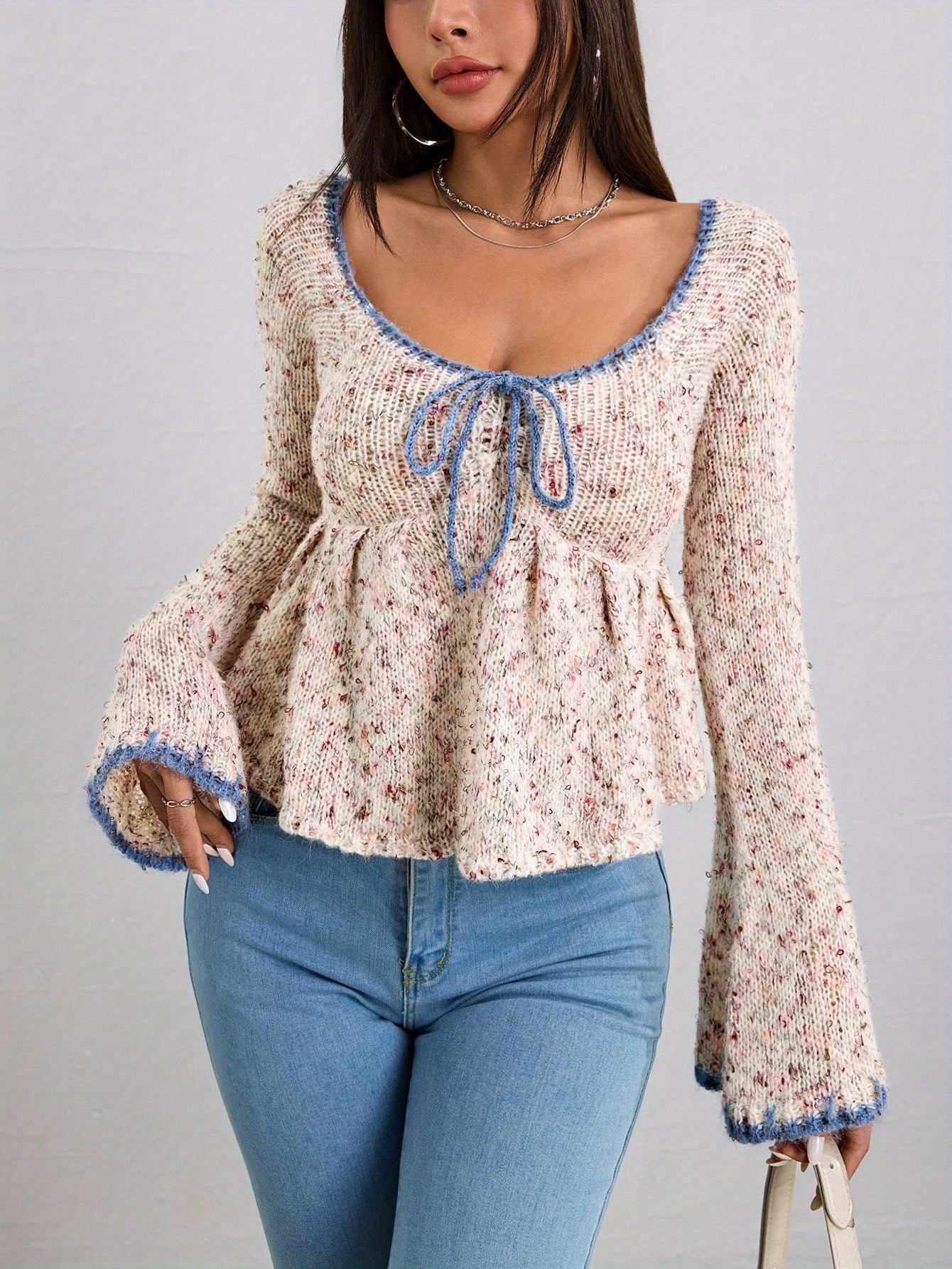 Cashmere V Neck Sweater - Flared Sleeves