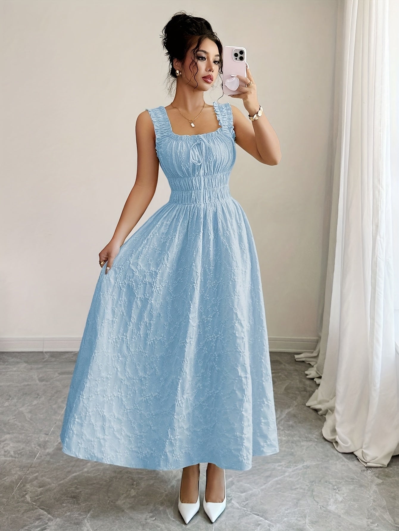 Floral Spaghetti Strap Dress - Bow Waist Style