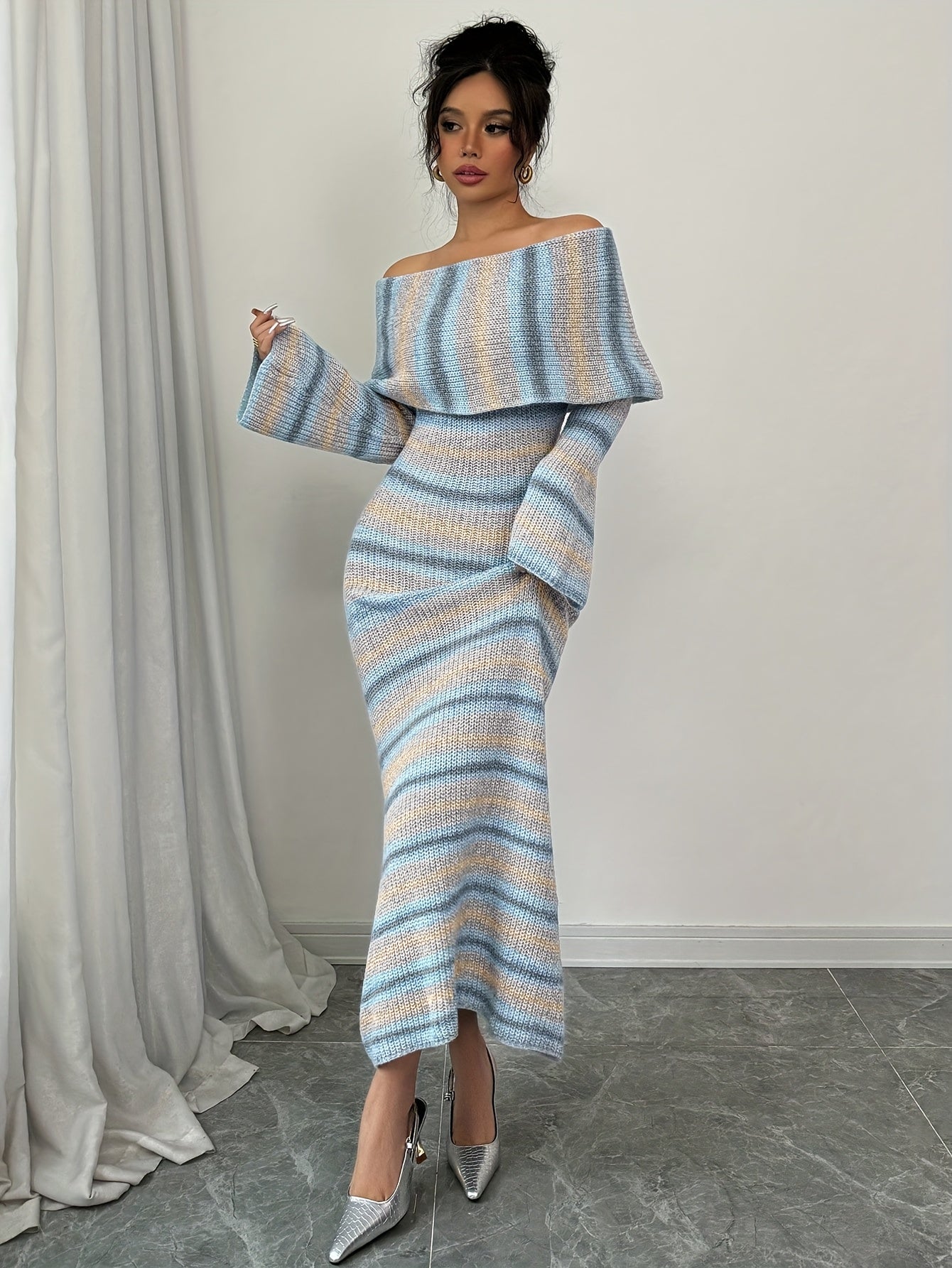 Blue Gradient Striped Dress - Mid Length