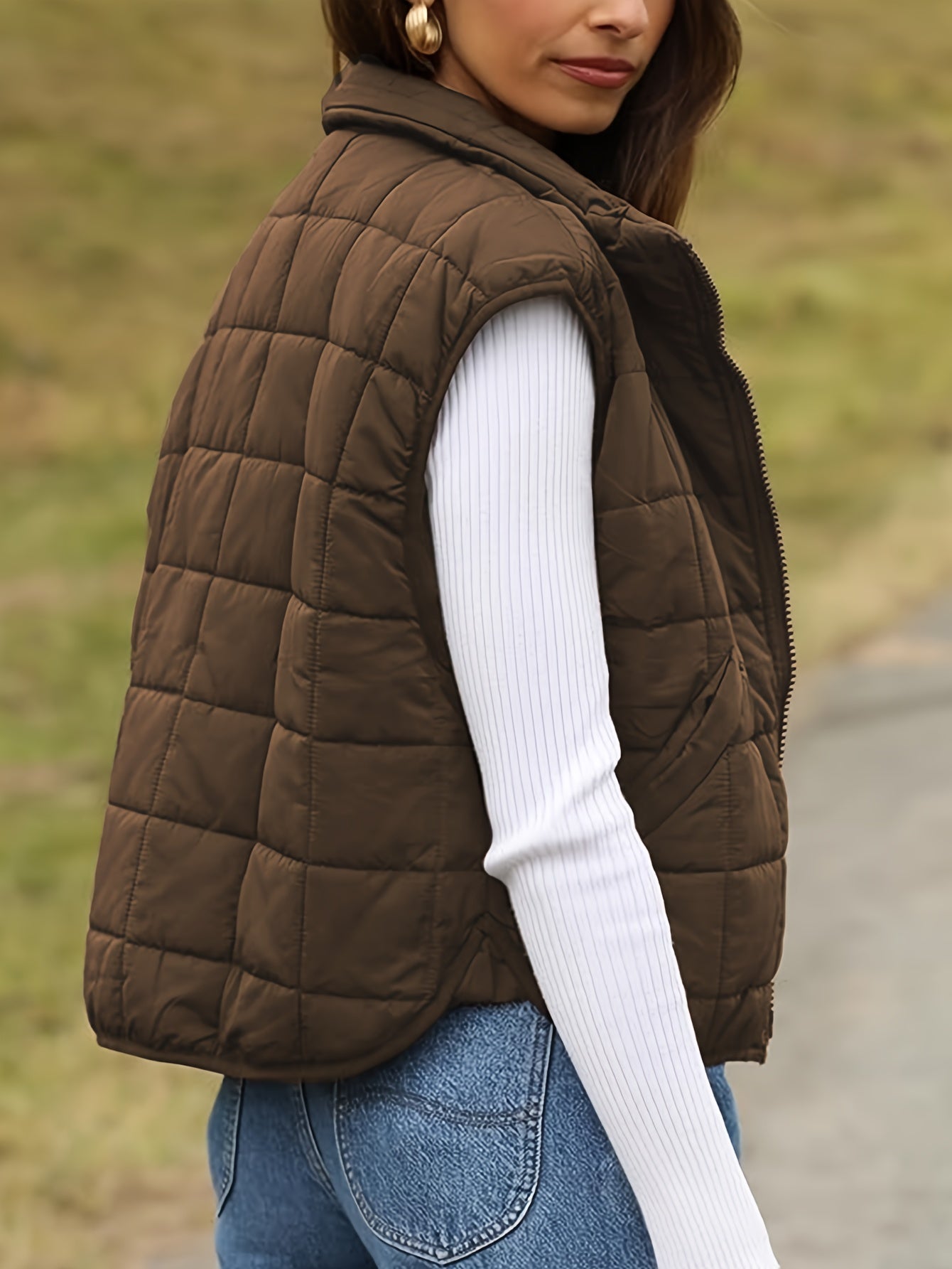 Women’s Sleeveless Zipper Pocket Vest  - Minimalist Solid Color Waistcoat