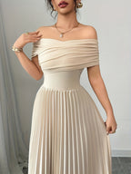 Beige Pleated Off Shoulder Gown - Long