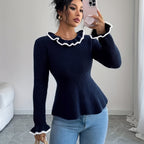 Blue Ruffle Sweater - Crew Neck