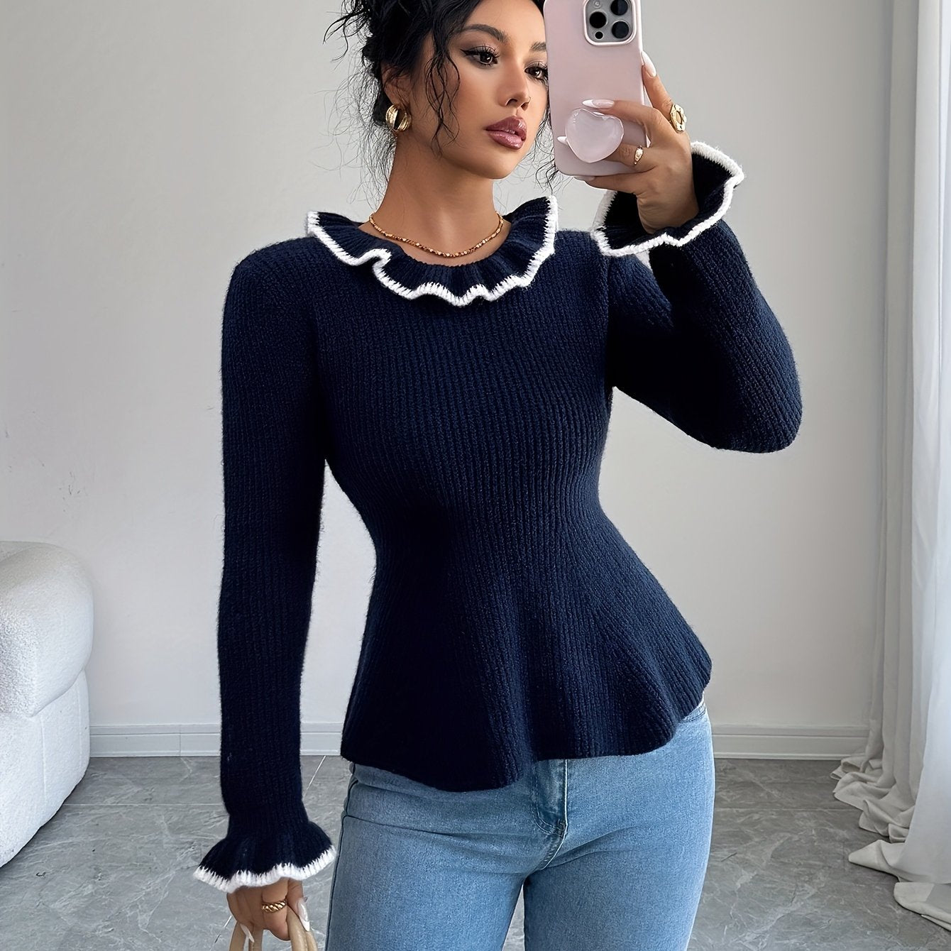Blue Ruffle Sweater - Crew Neck