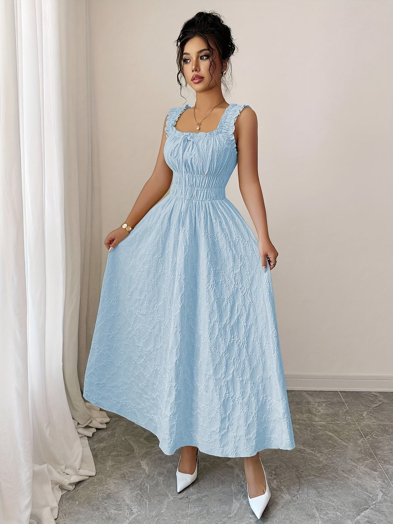 Floral Spaghetti Strap Dress - Bow Waist Style