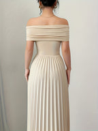Beige Pleated Off Shoulder Gown - Long