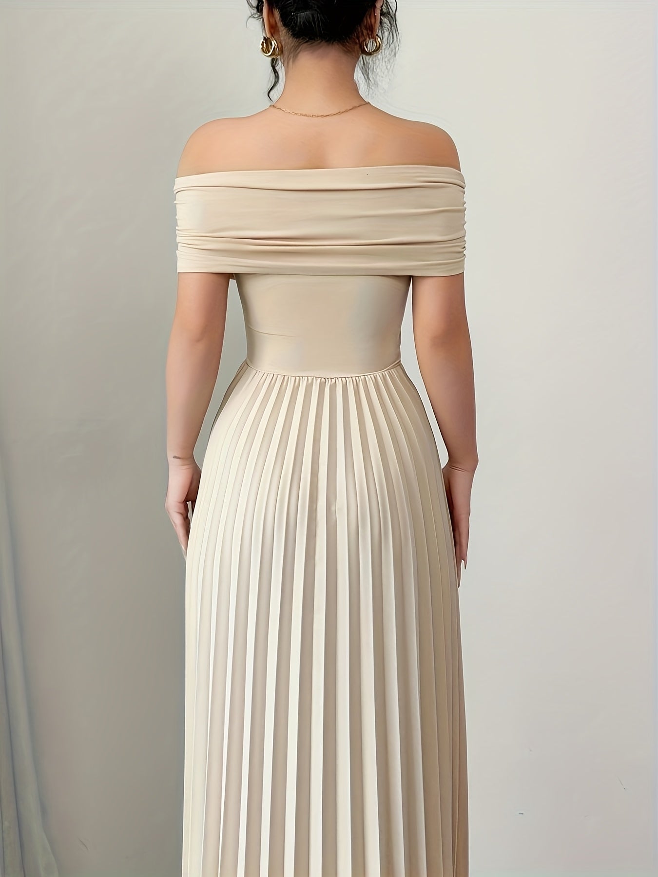 Beige Pleated Off Shoulder Gown - Long