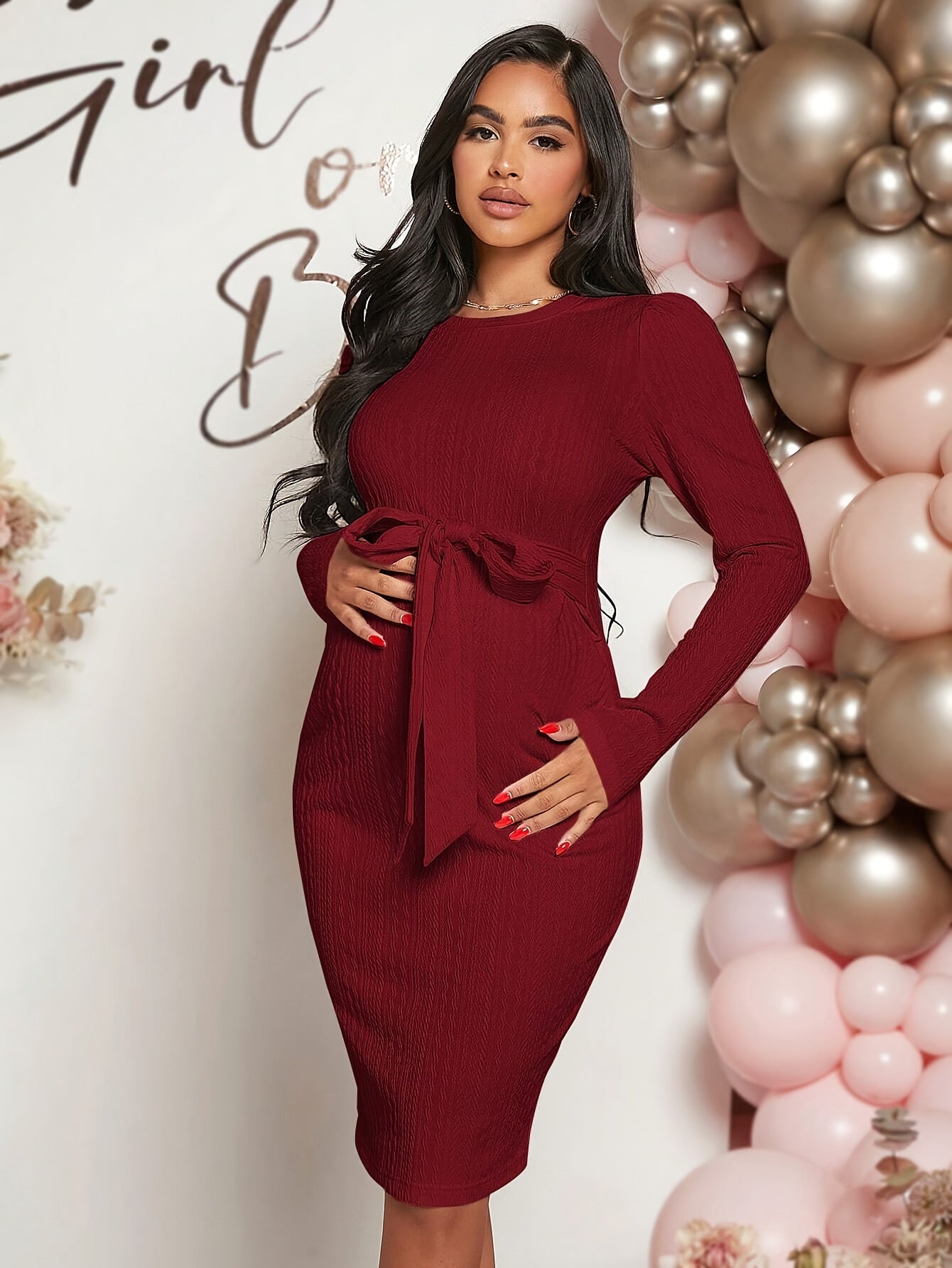 Cotton Maternity Long Dress - Crew Neck