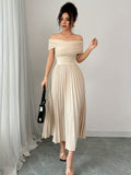 Beige Pleated Off Shoulder Gown - Long