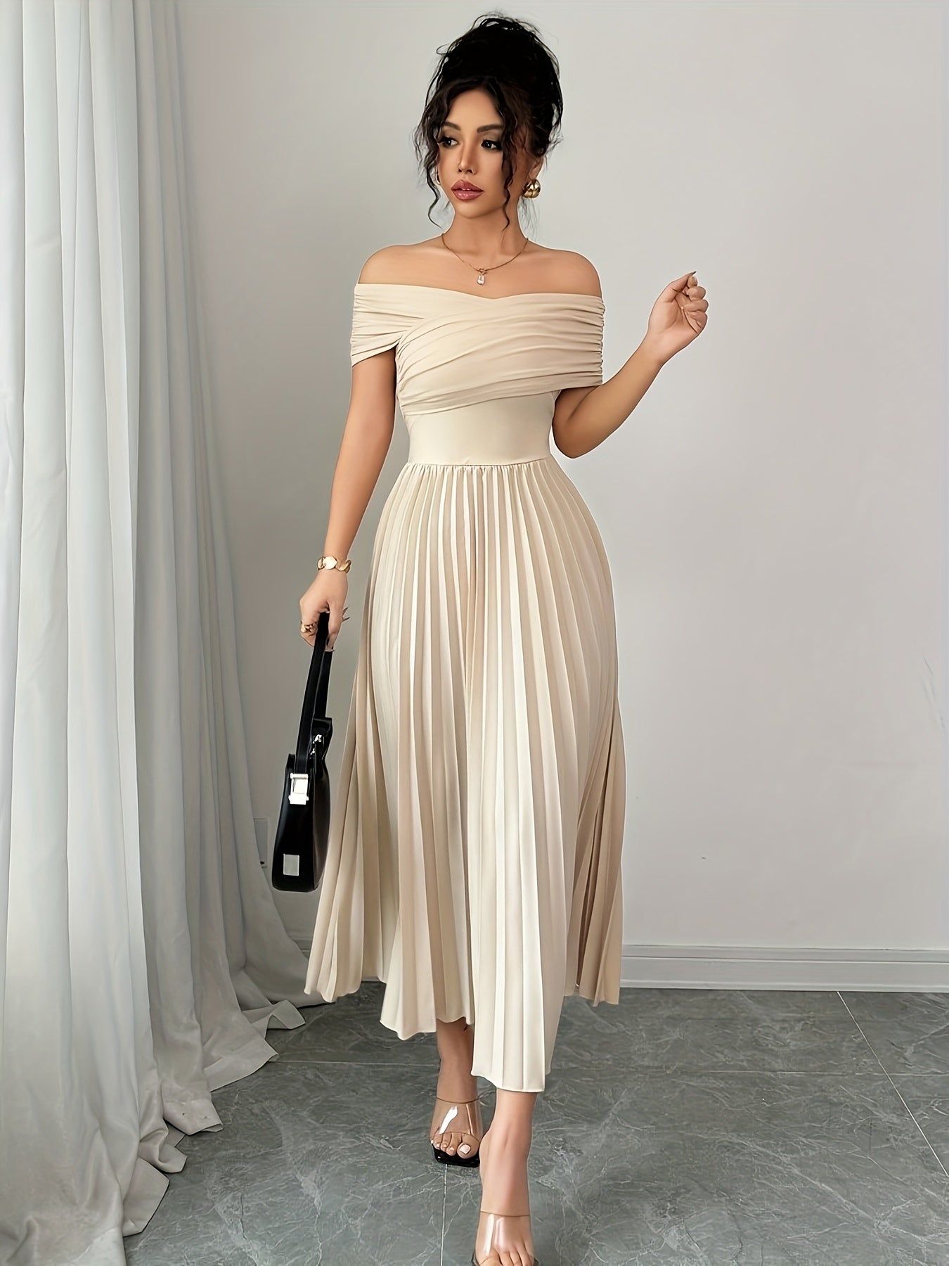 Beige Pleated Off Shoulder Gown - Long