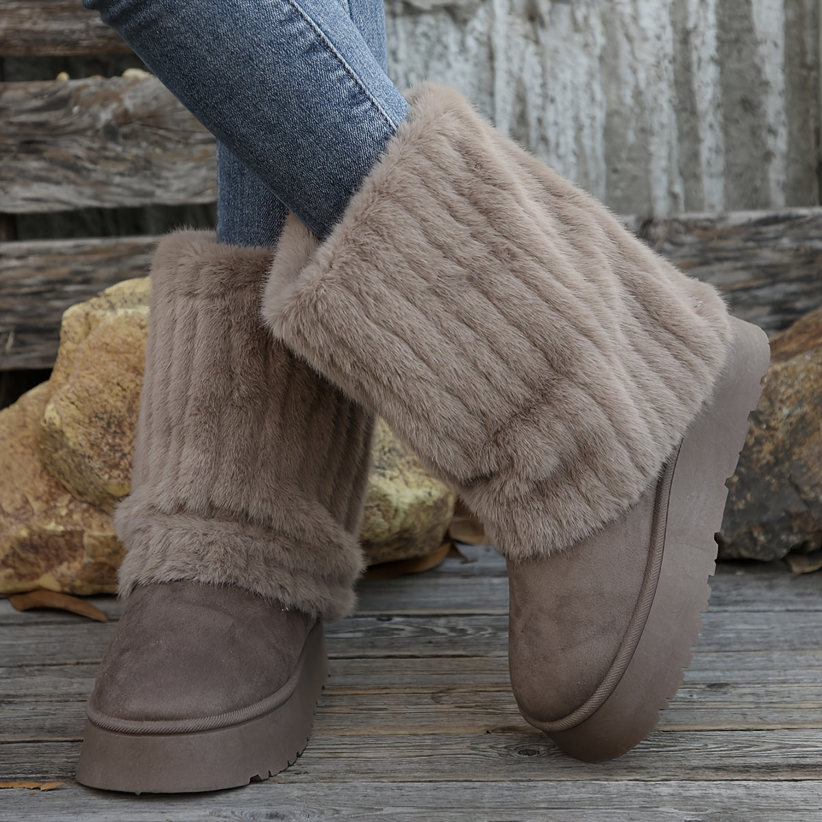 Faux Fur Plus Size Snow Boots - Winter Footwear