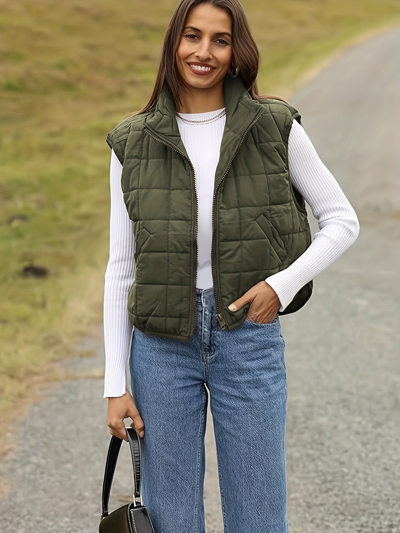 Women’s Sleeveless Zipper Pocket Vest  - Minimalist Solid Color Waistcoat