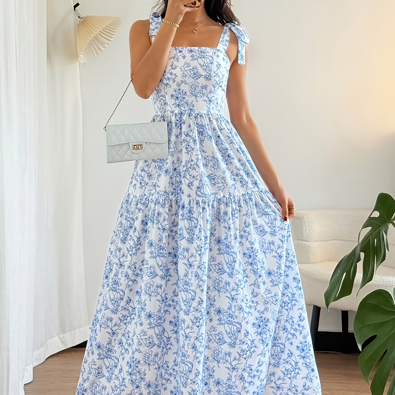 Floral Sleeveless Summer Dress - Square Neck