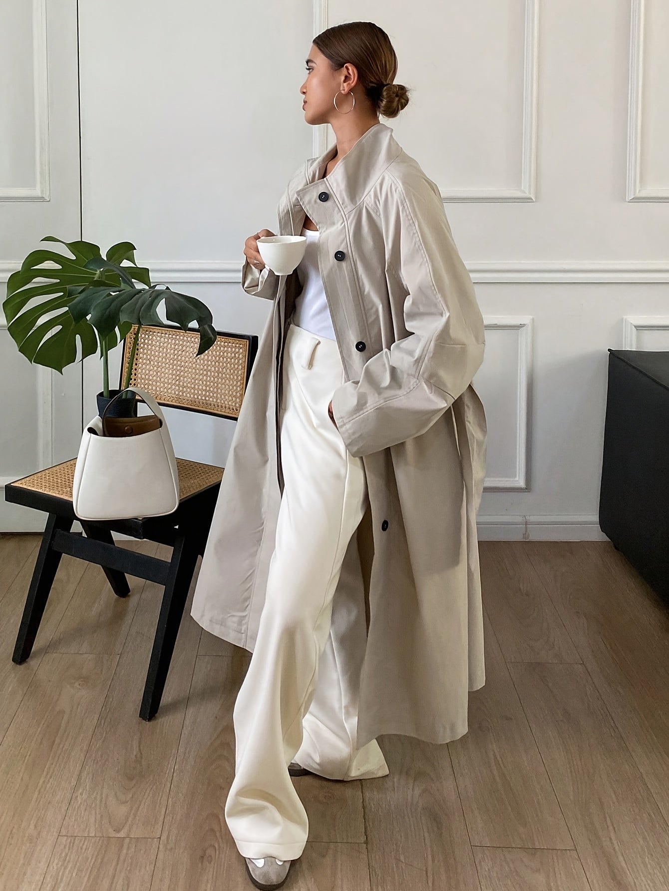 Women’s Belted Trench Coat – Loose Fit Long Sleeve with Pockets