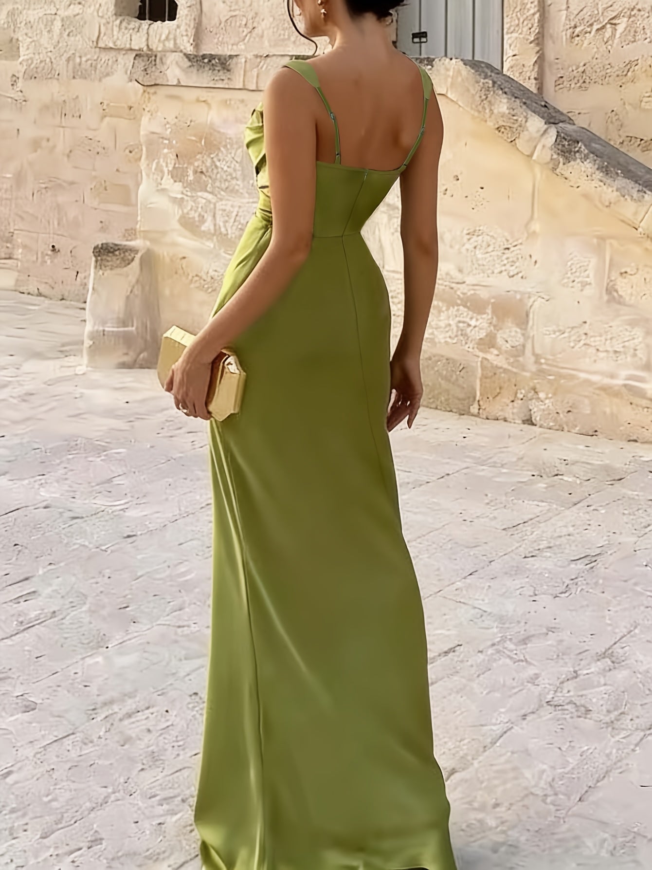 Satin Slip Bodycon Dress - Asymmetrical Ruffles